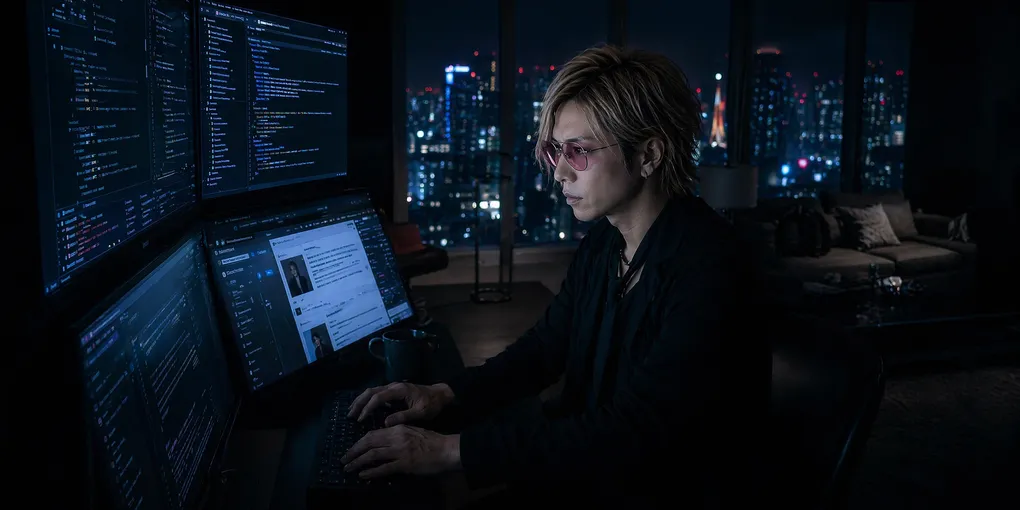 金髪・ネイビースーツ・透けたピンクのサングラスの40代男性がノートPCを見ている