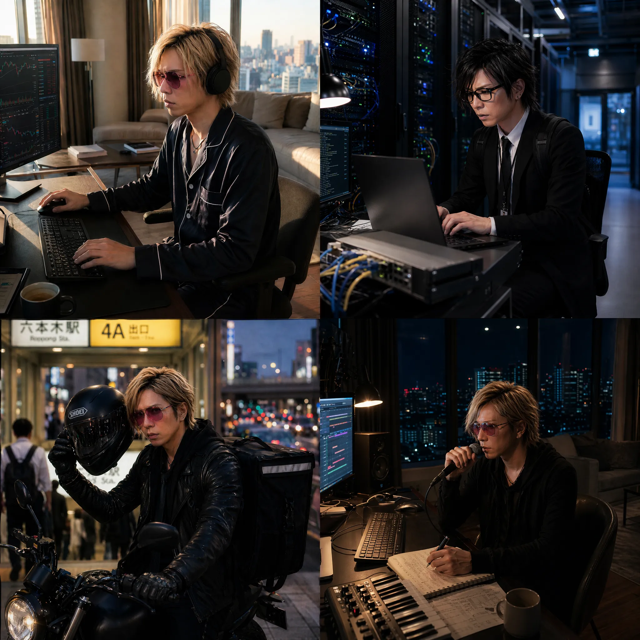 朝は副業、昼は会社員、夜はUber配達、寝る前は音楽を表す4分割キャラクター画像