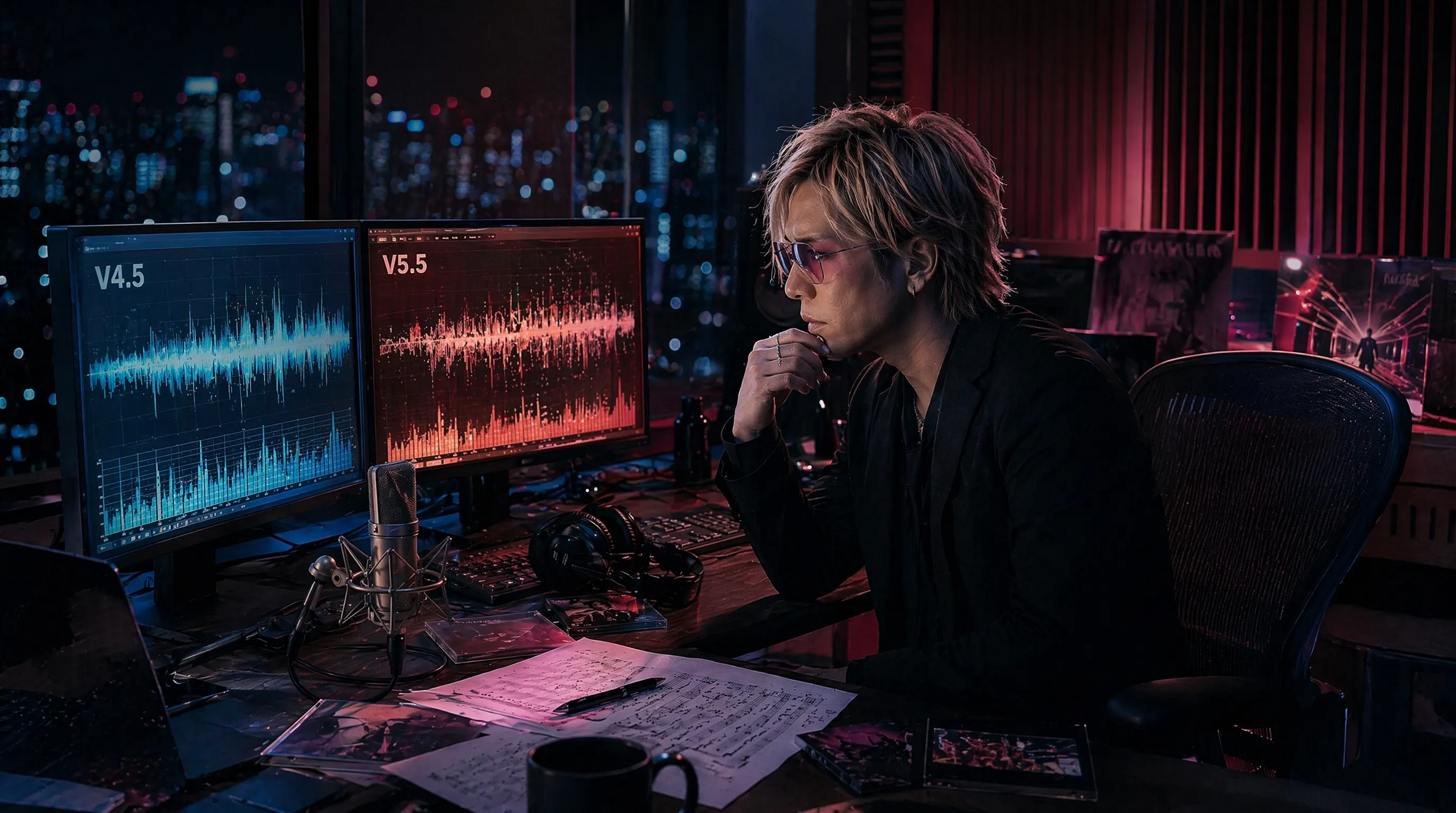 V4.5 と V5.5 の音声波形を二画面で見比べる、迷いと決意の表情のillusion キャラ