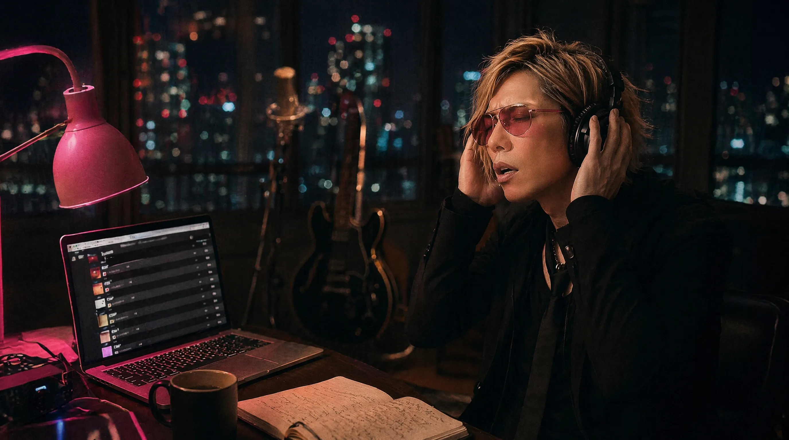 ヘッドホンで音楽を真剣に聴き分けるillusion キャラ、暖色の卓上ランプとギターのある作業部屋